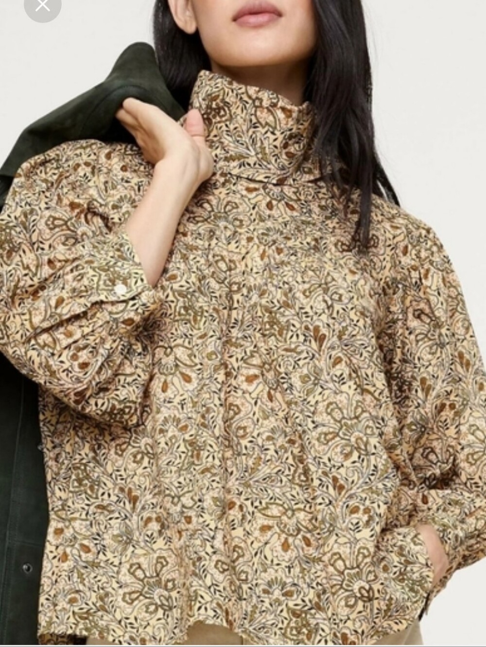 Banana Republic XXL - 100% Cotton,High-Neck Floral Long Sleeve Top - Beige Multi